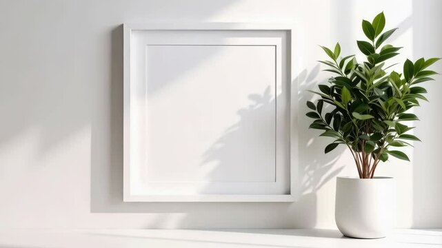 White frame mockup with potted plant on a minimal desk against white wall with soft shadows, perfect for artwork and prints