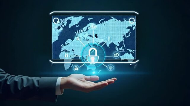 Flat Hand Interacting with Holographic EDI Device Showcasing Global Data Transfer & Digital Security Icons in Empty Space - Simple Cute Vector Illustration for Smart Business