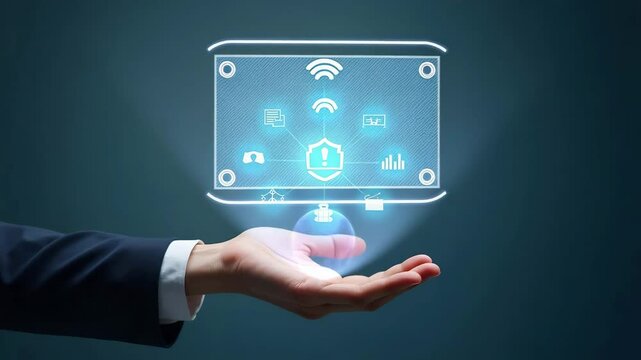 Flat Hand Holding Holographic Scam Alert Device with Fraud Icons - Online Threats & Data Protection Concept in Simple Vector Illustration