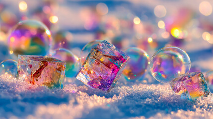 Colorful iridescent bubbles and ice cubes on snow with a dreamy bokeh background