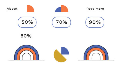 Modern flat design infographic with colorful semicircle charts and percentage data elements on white background
