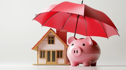 3d rendering of red open umbrella covers a large pink piggy bank and a small house isolated on a white background.