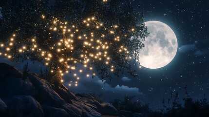 Tree illuminated at night with moon
