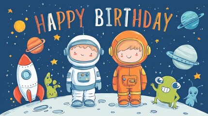 Happy birthday cartoon greeting card on space theme. Astronaut and rocket on moon, stars, planets, comets, aliens vector illustration on blue background. Bright invitation on childrens costumed party