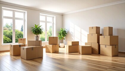 A softly lit room with light wood flooring and tall windows features scattered cardboard boxes and a small green plant—evoking transition, fresh starts, and the quiet rhythm of moving.