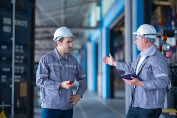 Men in industrial uniforms collaborate near a warehouse dock. A transport truck is partially...