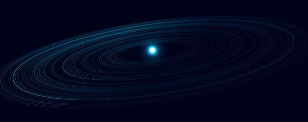 Abstract glowing blue atom rings background. Dynamic elliptical light trails circling a radiant central energy source. Atomic energy concept for scientific research presentation. Vector illustration.