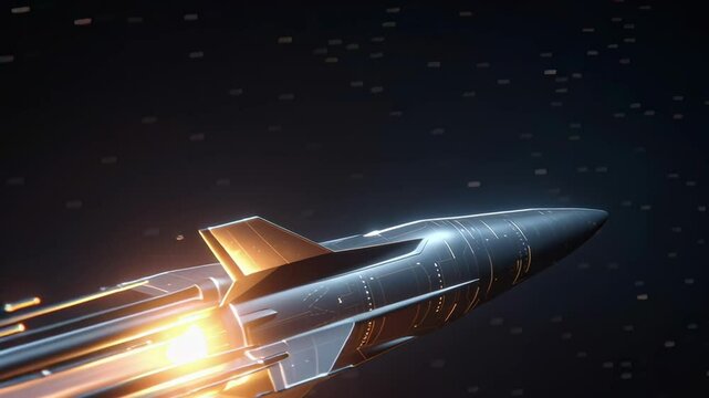 A rocket is flying through the air with a bright orange trail behind it. Concept of power and speed, as well as the excitement of space exploration