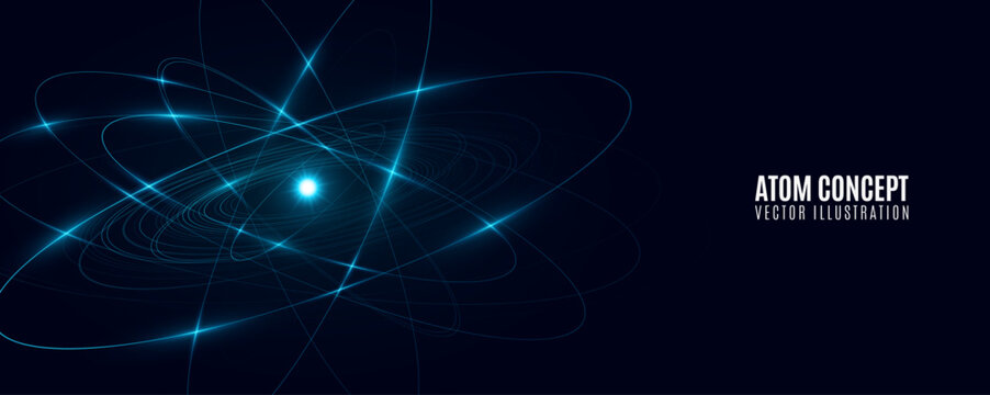 Futuristic glowing atom featuring blue elliptical rings circling a radiant central core on a dark background. Atomic structure concept for Science and Technology presentations. Vector illustration.