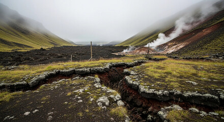 A dramatic landscape of a valley with geothermal activity and a cracked foreground.