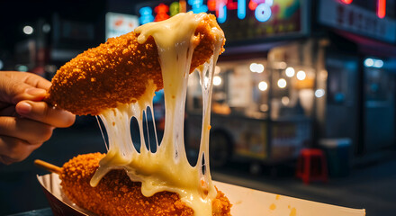 A hand holds a crispy, cheese-filled corn dog, stretching melted cheese against a blurred nighttime street food background.