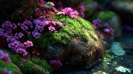Pink Flowers and Moss on Rock