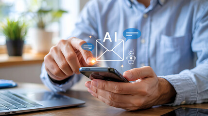 Businessman leveraging artificial intelligence for smart email communication on a mobile device