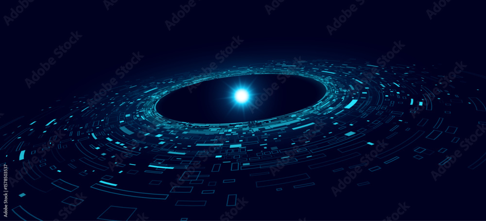 Poster futuristic circular rings with glowing energy core or atom surrounded by geometric shapes and scatte
