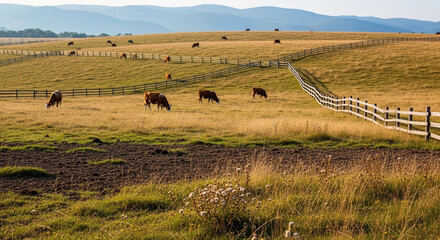 Cows graze peacefully in a vast, golden pasture, near a wooden fence.