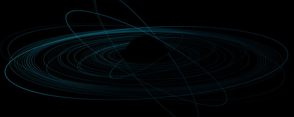 Abstract black hole or planetary core surrounded by blue orbital rings on dark background. Cosmic motion or gravitational force concept for astrophysics and deep space projects. Vector illustration. © sersupervector