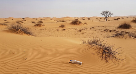 A barren desert landscape, littered with debris, showcasing environmental pollution.
