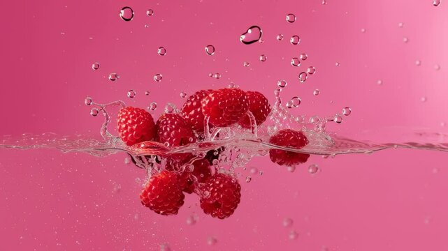 Raspberries Splashing into Water on Pink Background