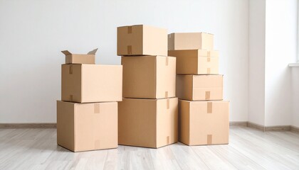 A softly lit room with light wood flooring and tall windows features scattered cardboard boxes and a small green plant—evoking transition, fresh starts, and the quiet rhythm of moving.