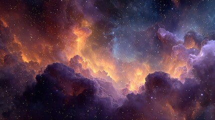 Nebulosa colorida con nubes naranjas, violetas y azules, estrellas esparcidas por el fondo oscuro, polvo y gas cÃ³smicos creando una escena vibrante y etÃ©rea