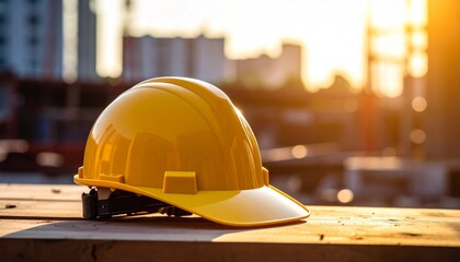 A yellow construction helmet sits on a concrete slab with scaffolding and unfinished buildings behind it, bathed in warm sunrise light—evoking site safety, progress, and infrastructure growth.