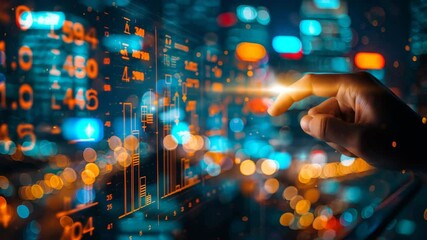 A human hand touching an interactive digital interface with abstract data and glowing city lights in the background. - Powered by Adobe