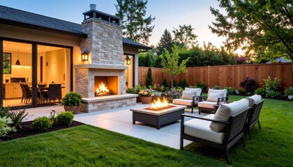 A cozy outdoor seating area in a sunlit backyard featuring four cushioned chairs around a fire pit on a stone patio, backed by a lit outdoor fireplace and surrounded by lush greenery.