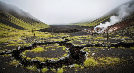 Volcanic landscape with fissures and steam vents, showcasing a rugged terrain.