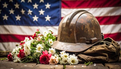 A white hard hat and brown military-style hat rest among red roses and white daisies on a wooden surface, with an American flag in the background—evoking remembrance, honor, and tribute.
