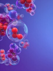 Floating Transparent Bubbles Containing Vibrant Berries Create a Futuristic Atmosphere Against a Minimalistic Blue Background