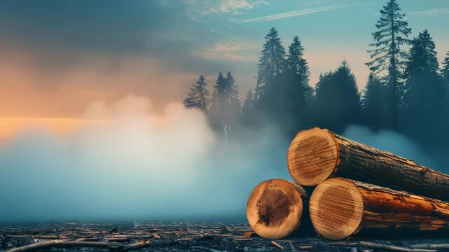 A stack of cut logs in the foreground with a misty forest and sky in the background, symbolizing forestry and environmental impact.