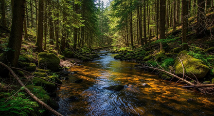 A river flows through a dense forest, with sunlight filtering through the tall trees and illuminating the water.