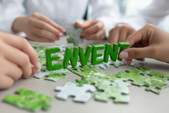 Teamwork Solving Event Puzzle with Green Letters.