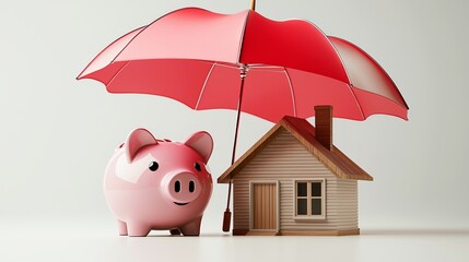 3d rendering of red open umbrella covers a large pink piggy bank and a small house isolated on a white background.