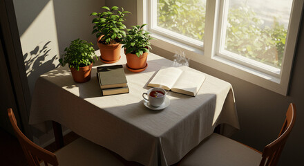 Cozy scene with sunlight, plants, books, and coffee by a window