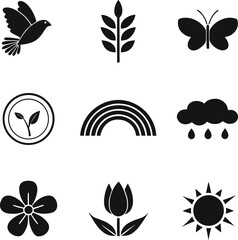 Fototapeta premium Nature Icons Birds, Flowers, Rainbows, and More