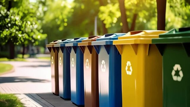 Colorful row of recycling bins outdoors on a sunny day for collection and sorting waste, aligned near curb and foliage