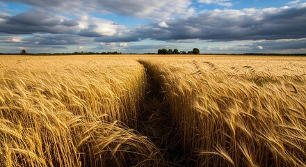 Golden wheat field with a path leading through, dramatic sky overhead.