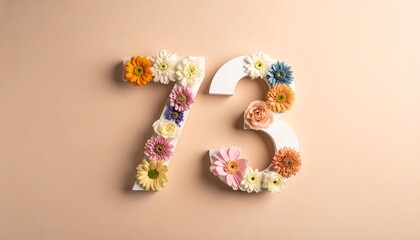 Number 73 made out of flowers with colored background. Photo for 73rd birthday or anniversary party