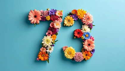 Number 73 made out of flowers with colored background. Photo for 73rd birthday or anniversary party