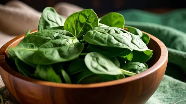 Fresh spinach leaves in wooden bowl, rustic table setting with neutral and green linens for healthy cooking ingredients