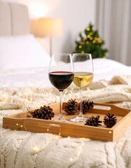 Wine Glasses with Pine Cones on Bed: Holiday Relaxation