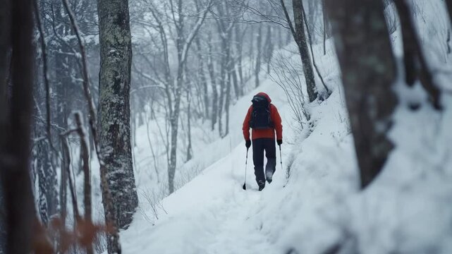 A hiker in a vibrant red jacket treks alone through snow-covered trees, with a backpack on.