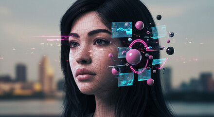 Futuristic Woman with Holographic Interface and City Background, Technology Concept