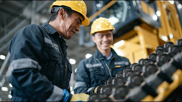 工場で機械の操作を若者に笑顔で教えるベテラン技術者