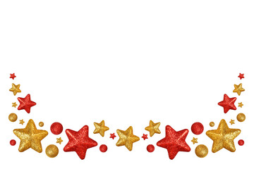 Festive Christmas design. Frame of gold and red Christmas tree decorations in the form of stars and balls isolated on a white background. Ideal for New Year's design.