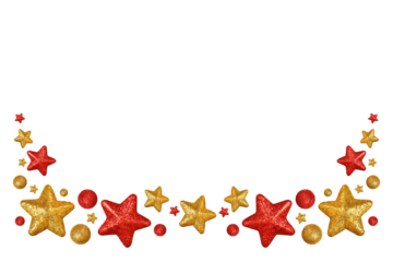 Festive Christmas design. Frame of gold and red Christmas tree decorations in the form of stars and balls isolated on a white background. Ideal for New Year's design.