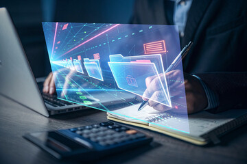Business professional analyzing digital data and organizing files on a futuristic interface