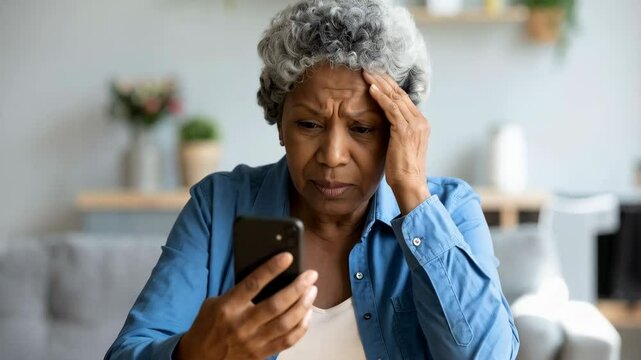 Senior woman looking at smartphone with a puzzled expression inside her home; she seems concerned or confused by what she sees