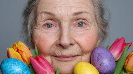 Beautiful senior woman with easter eggs and tulips., no logos, no brands
